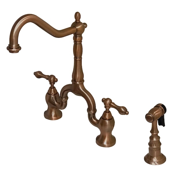 English Country Kitchen Bridge Faucet W/Brass Sprayer, Copper